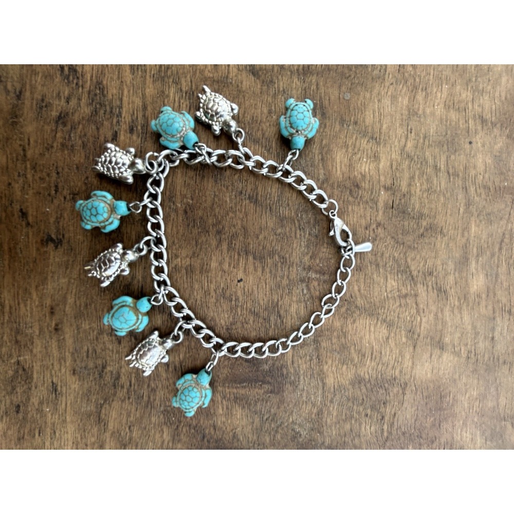 Turquoise Color Sea Turtle Charm Bracelet Silver Tone Adjustable Coastal Boho